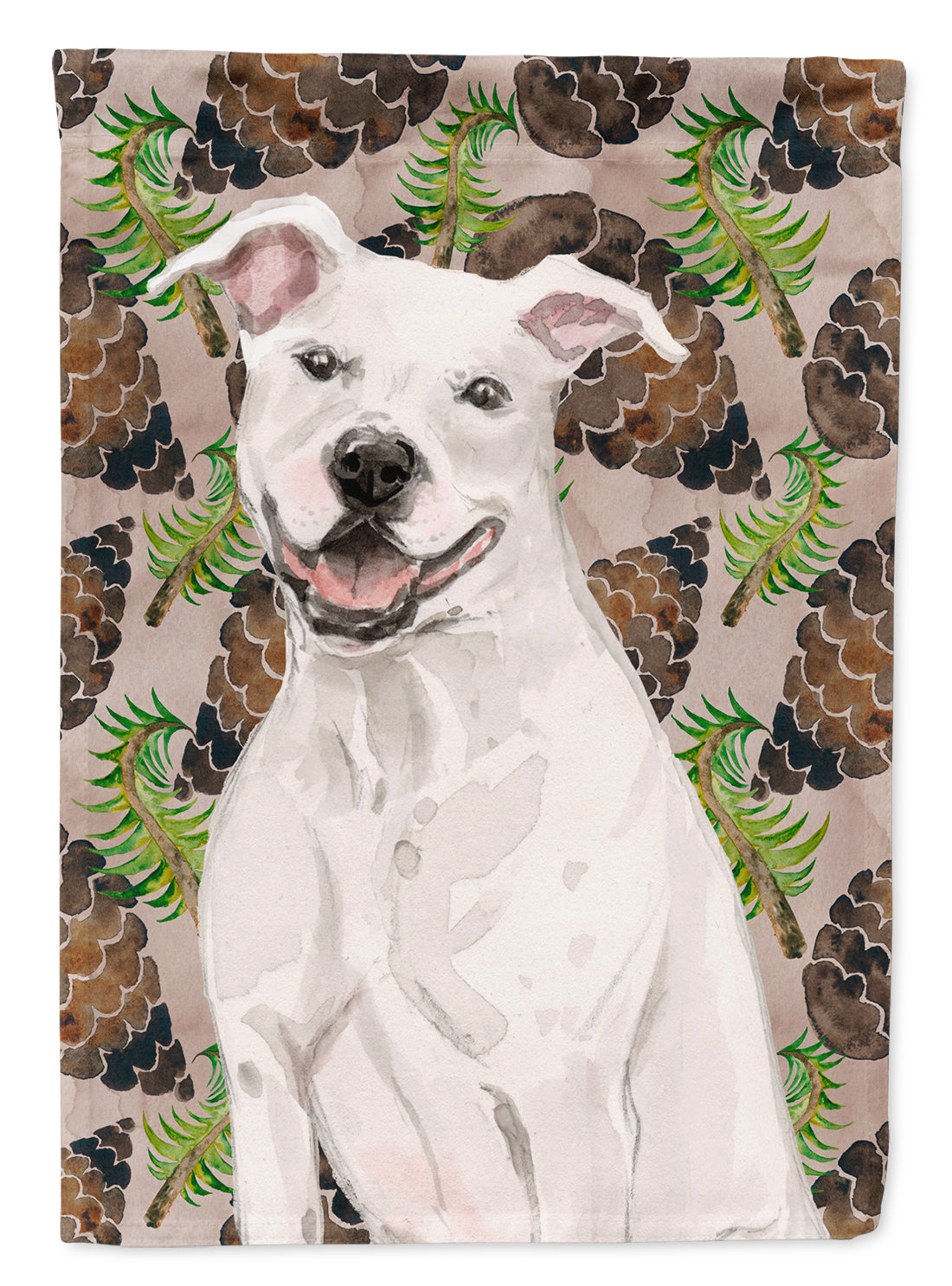 White Staffie Bull Terrier Pine Cones Flag Canvas House Size BB9571CHF  the-store.com.