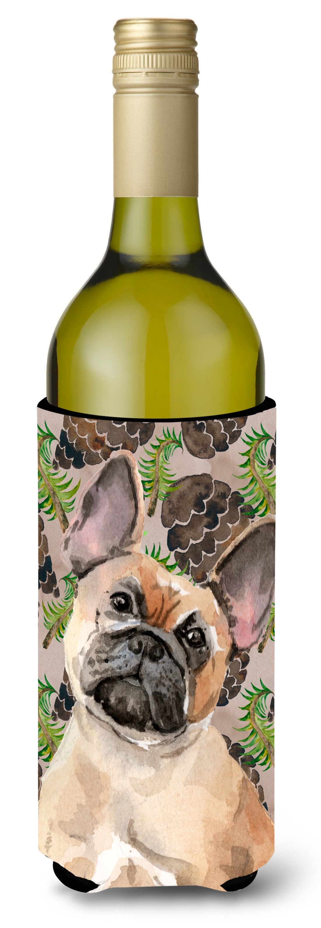 Fawn French Bulldog Pine Cones Wine Bottle Beverge Insulator Hugger BB9592LITERK by Caroline&#39;s Treasures