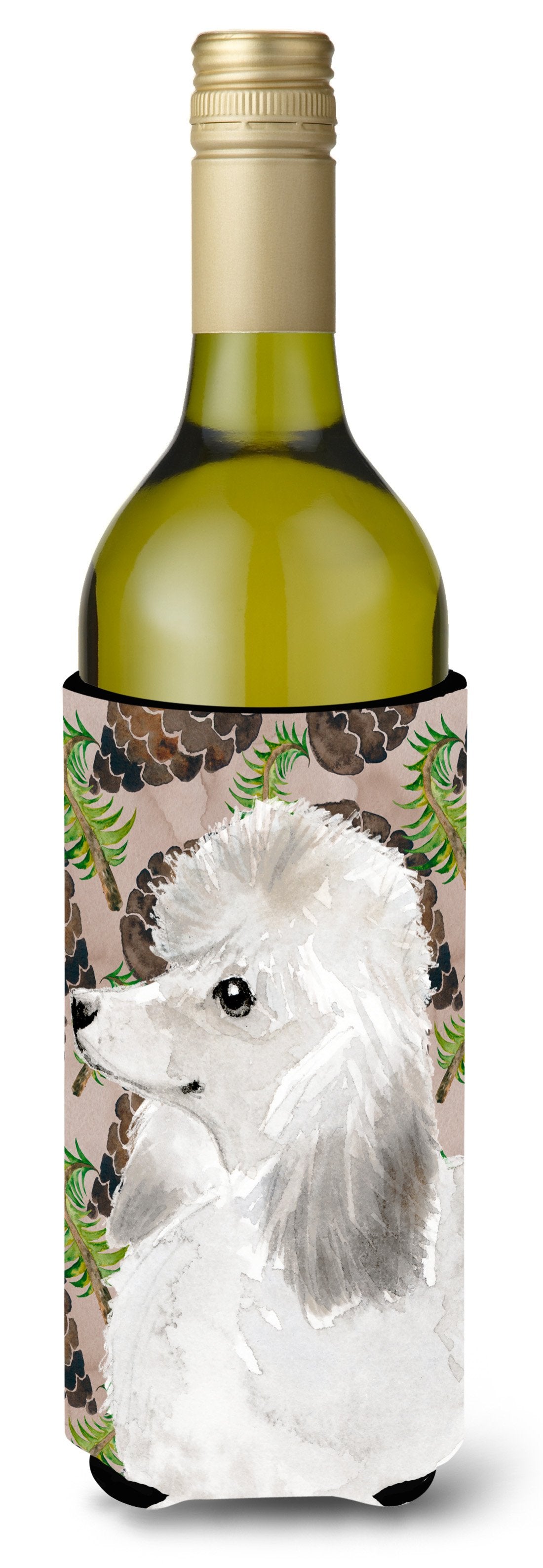 White Standard Poodle Pine Cones Wine Bottle Beverge Insulator Hugger BB9596LITERK by Caroline&#39;s Treasures