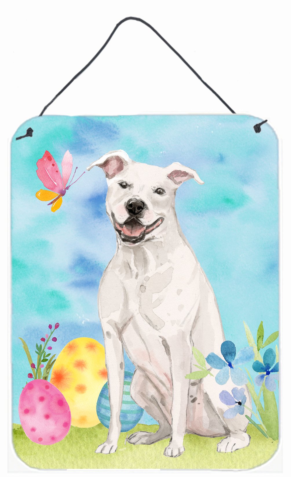 White Staffie Bull Terrier Easter Wall or Door Hanging Prints BB9606DS1216 by Caroline&#39;s Treasures