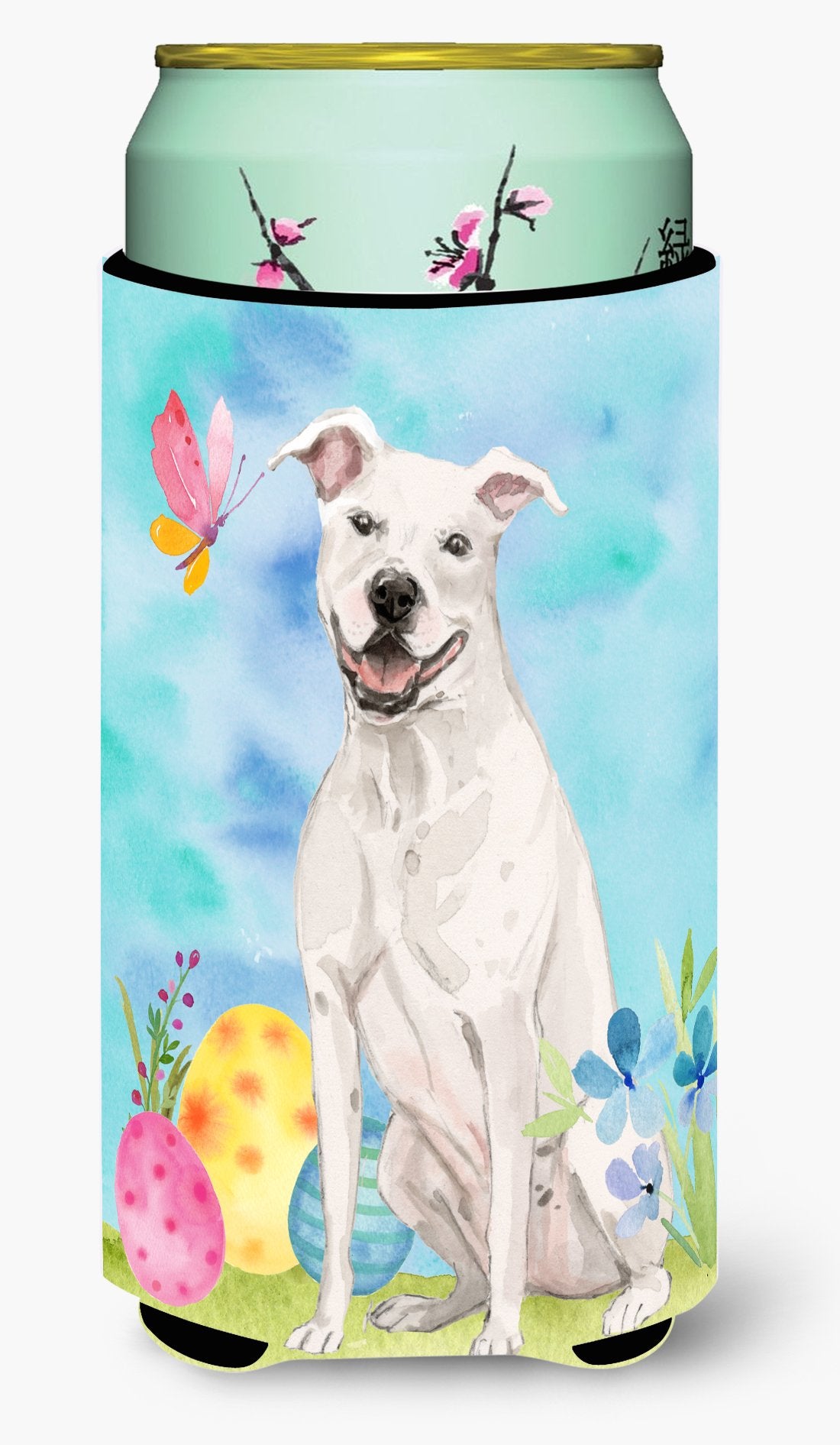 White Staffie Bull Terrier Easter Tall Boy Beverage Insulator Hugger BB9606TBC by Caroline&#39;s Treasures