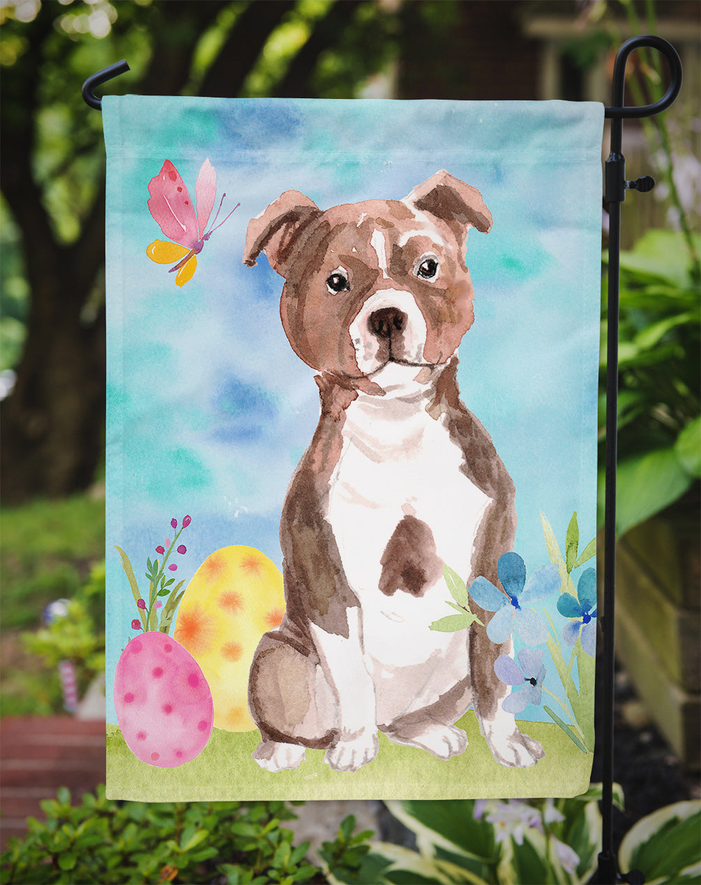 Red Staffie Bull Terrier Easter Flag Garden Size BB9636GF
