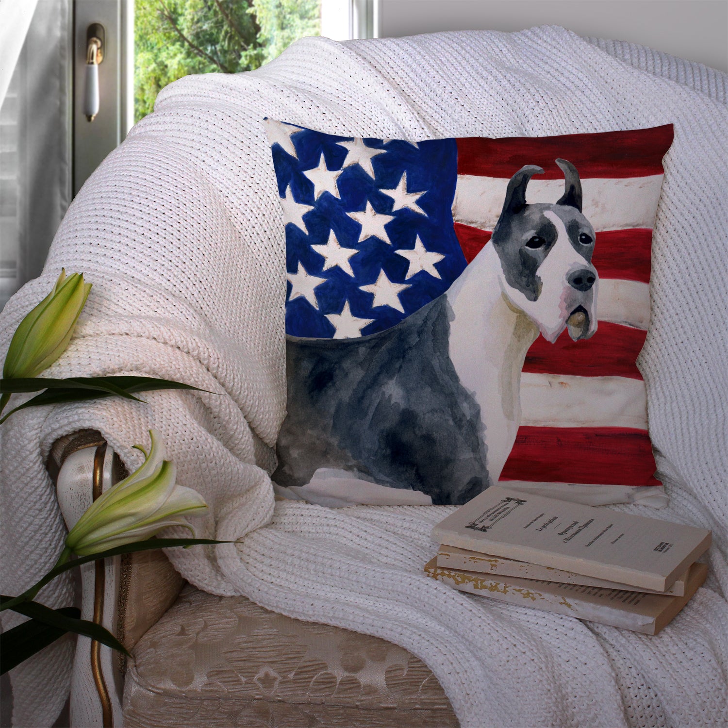 Harlequin Great Dane Patriotic Fabric Decorative Pillow BB9643PW1414 - the-store.com