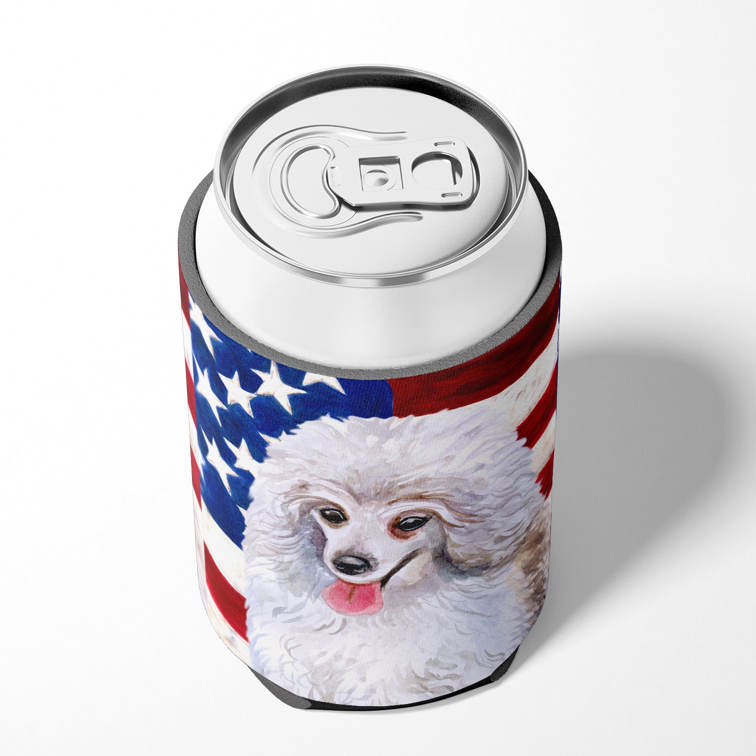 Medium White Poodle Patriotic Can or Bottle Hugger BB9683CC
