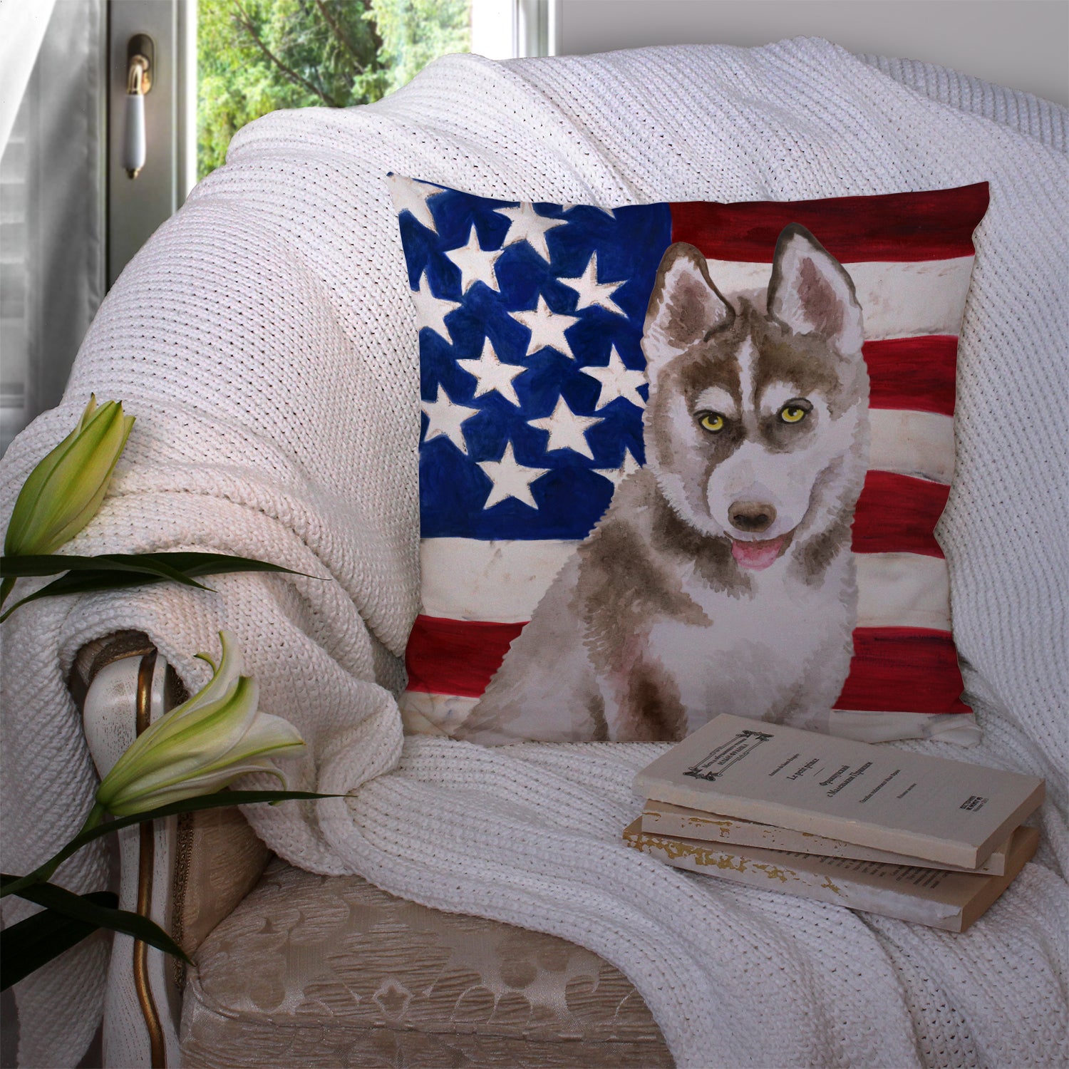 Siberian Husky Grey Patriotic Fabric Decorative Pillow BB9696PW1414 - the-store.com