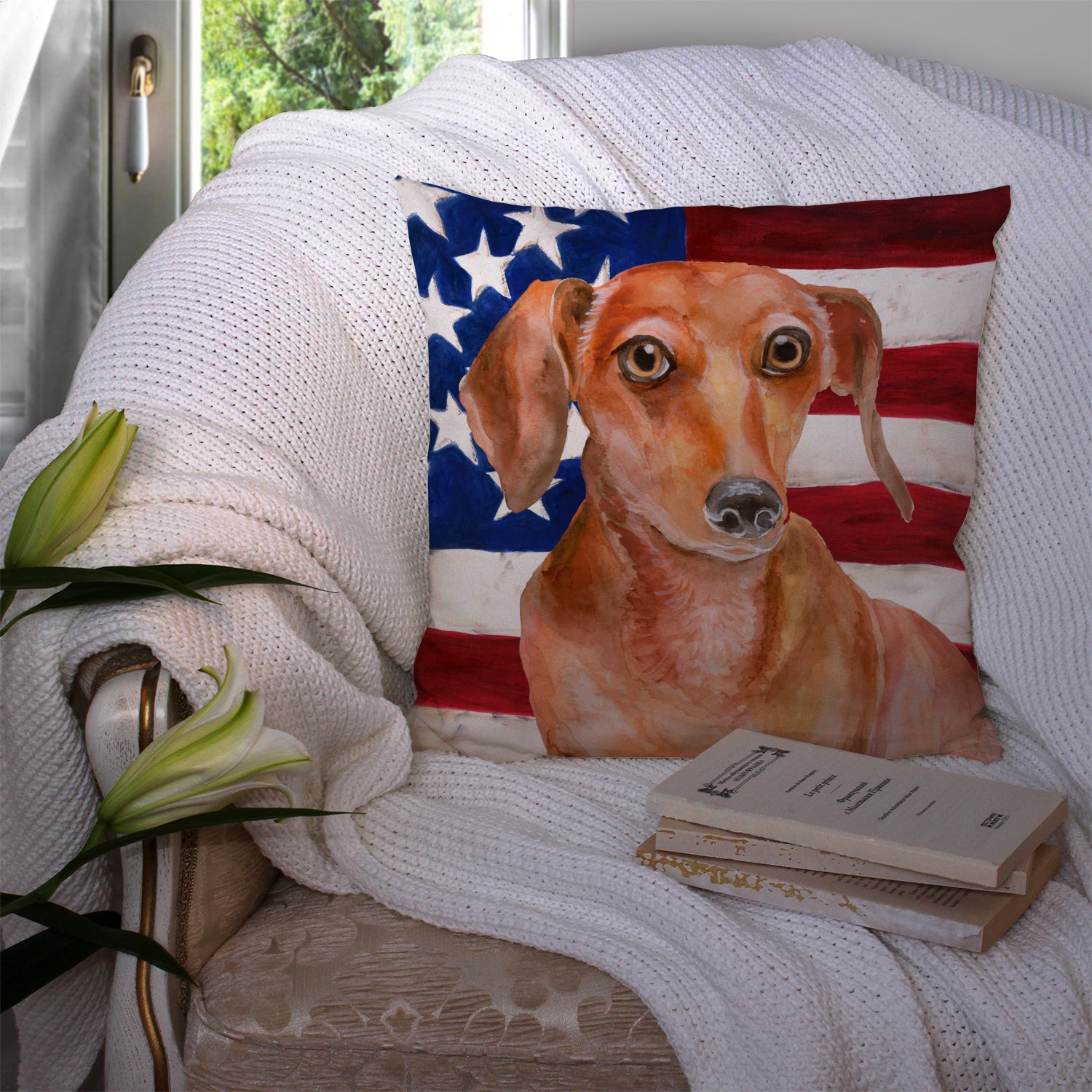 Red Dachshund Patriotic Fabric Decorative Pillow BB9707PW1414 - the-store.com