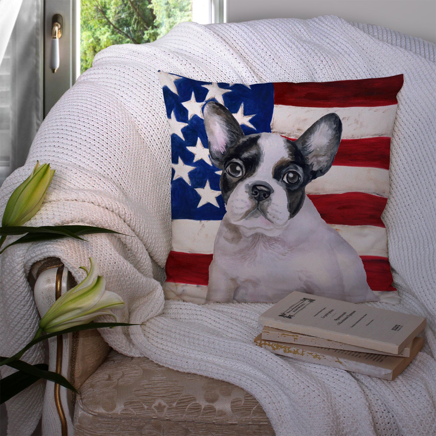 French Bulldog Black White Patriotic Fabric Decorative Pillow BB9710PW1414 - the-store.com