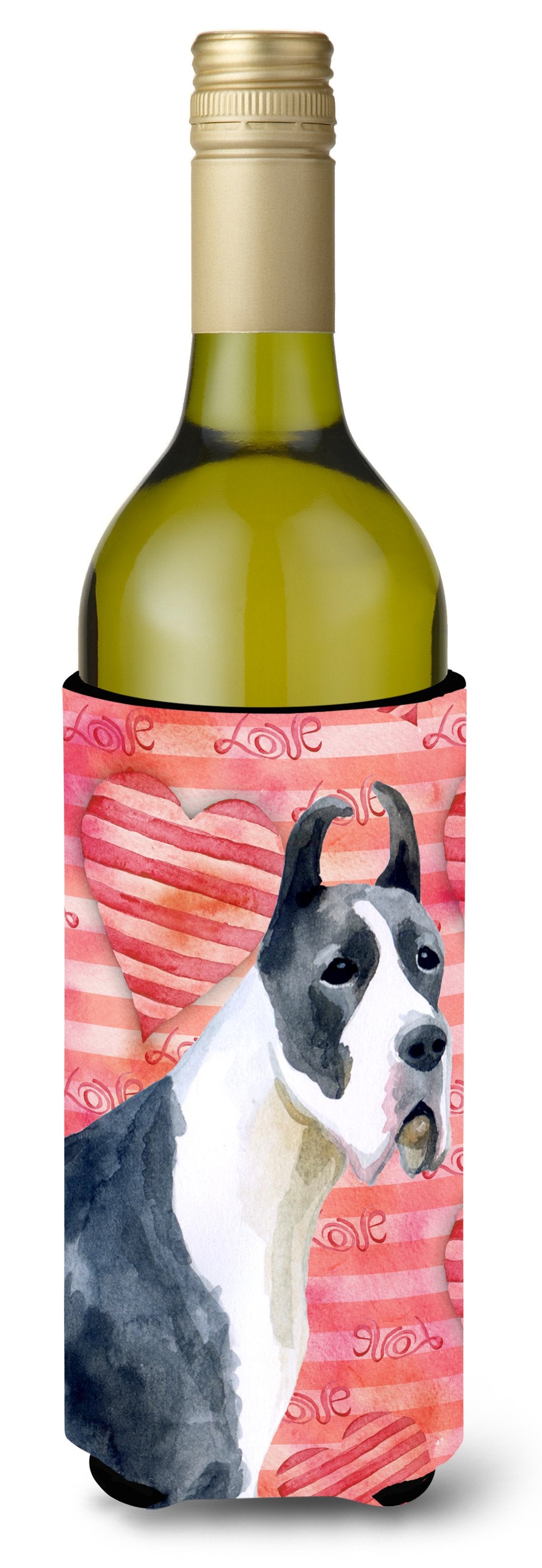 Harlequin Great Dane Love Wine Bottle Beverge Insulator Hugger BB9730LITERK by Caroline&#39;s Treasures