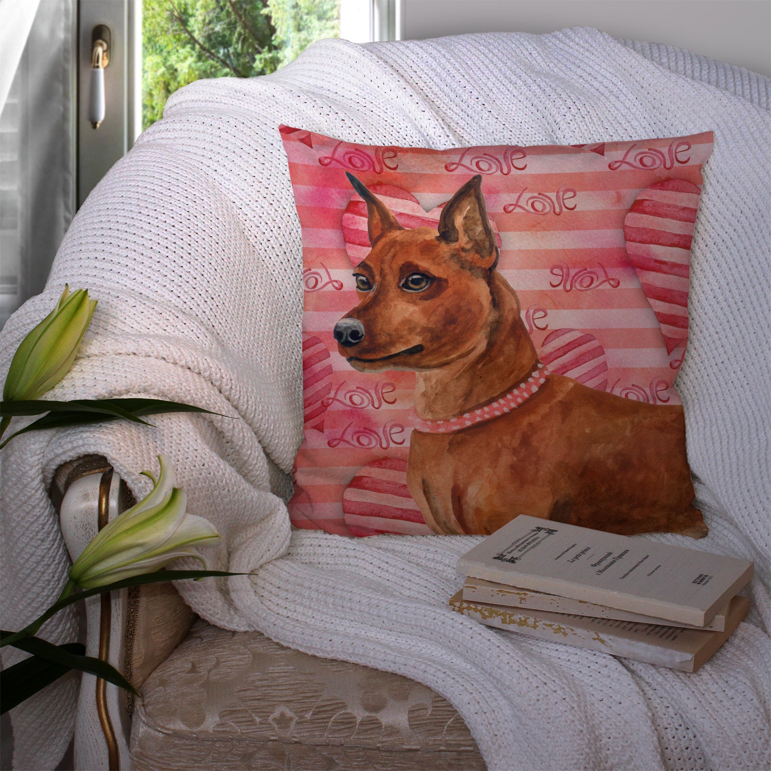 Miniature Pinscher Love Fabric Decorative Pillow BB9743PW1414 - the-store.com