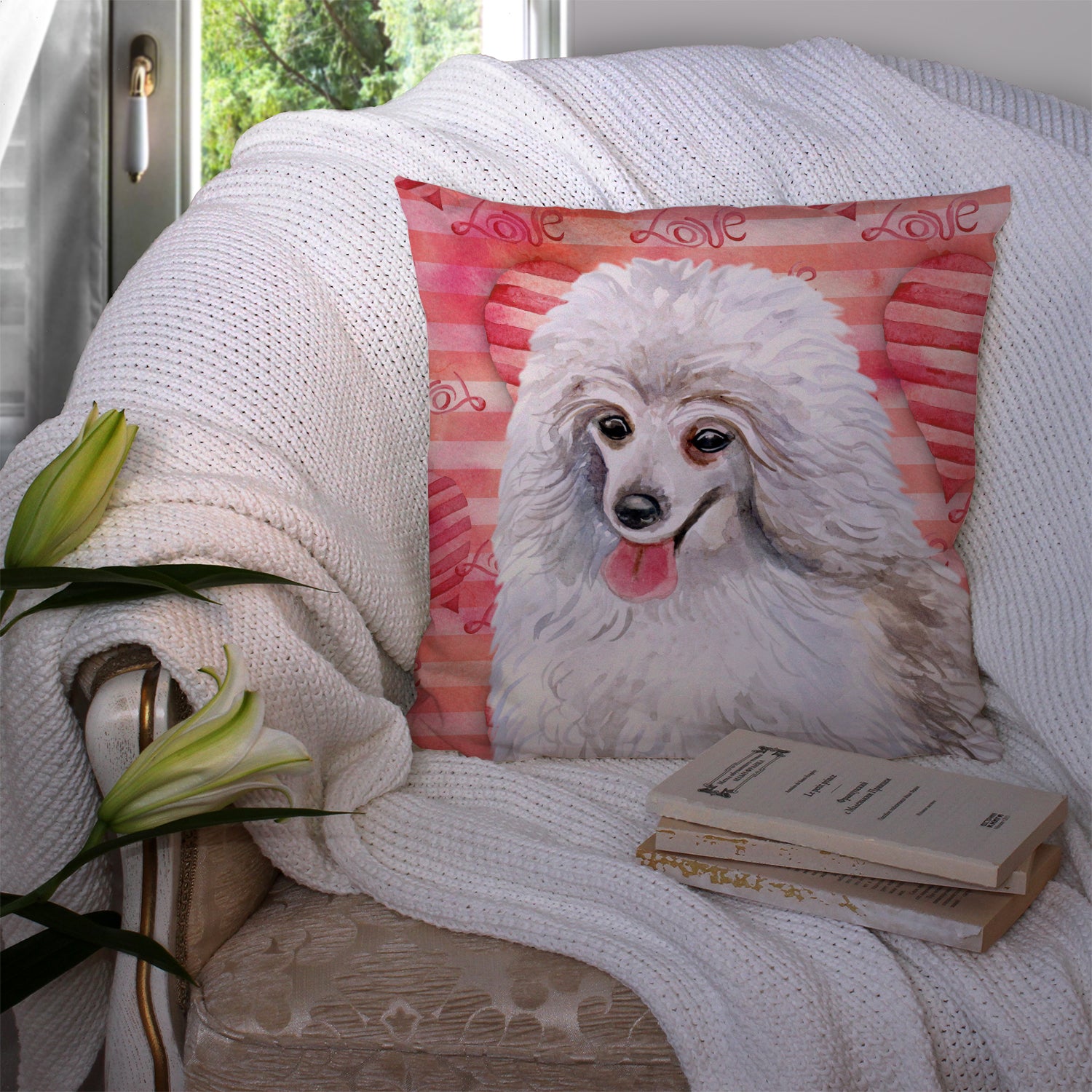 Medium White Poodle Love Fabric Decorative Pillow BB9770PW1414 - the-store.com
