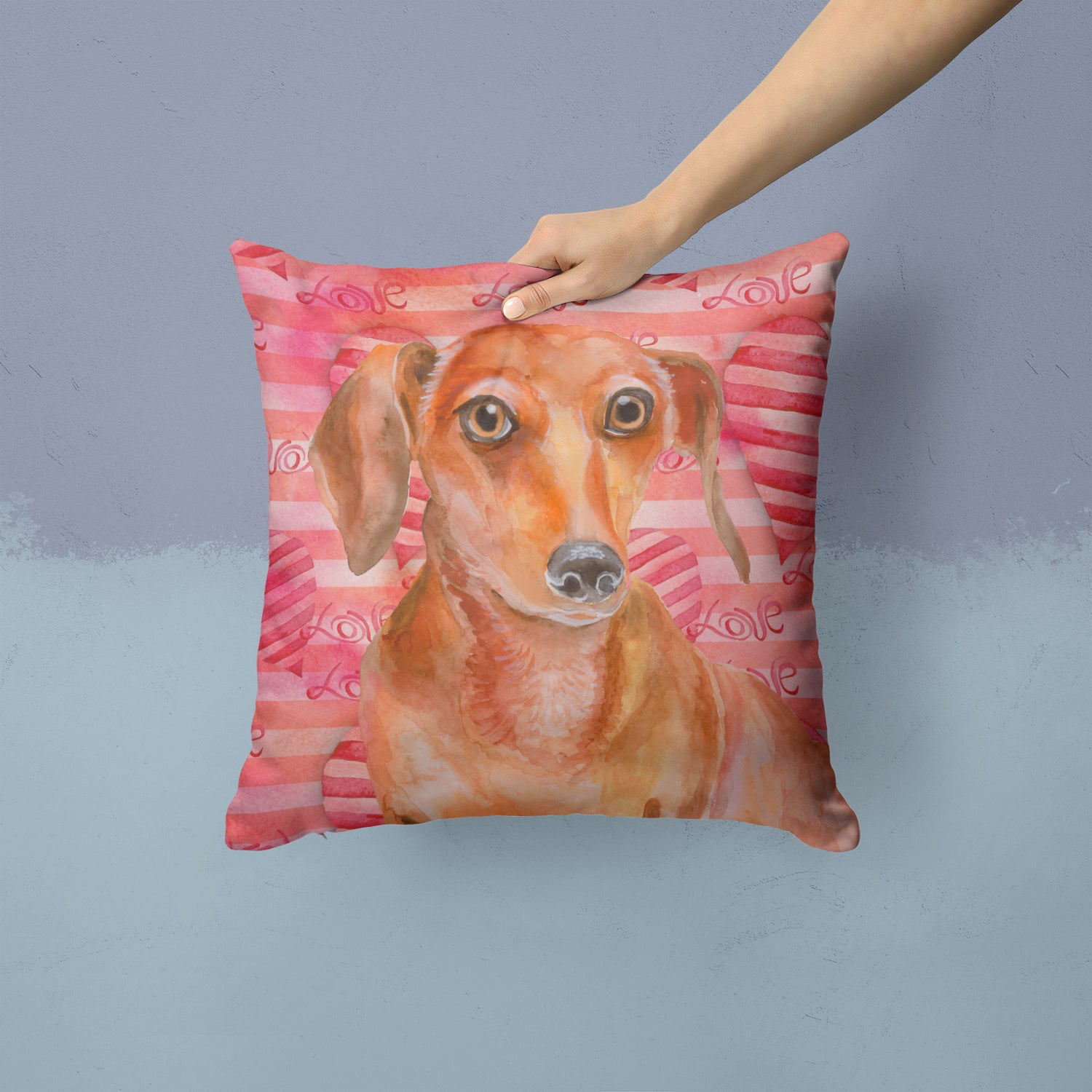 Red Dachshund Love Fabric Decorative Pillow BB9794PW1414 - the-store.com