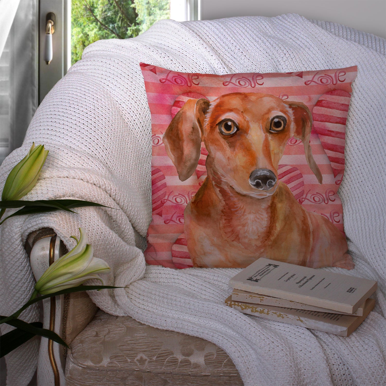 Red Dachshund Love Fabric Decorative Pillow BB9794PW1414 - the-store.com