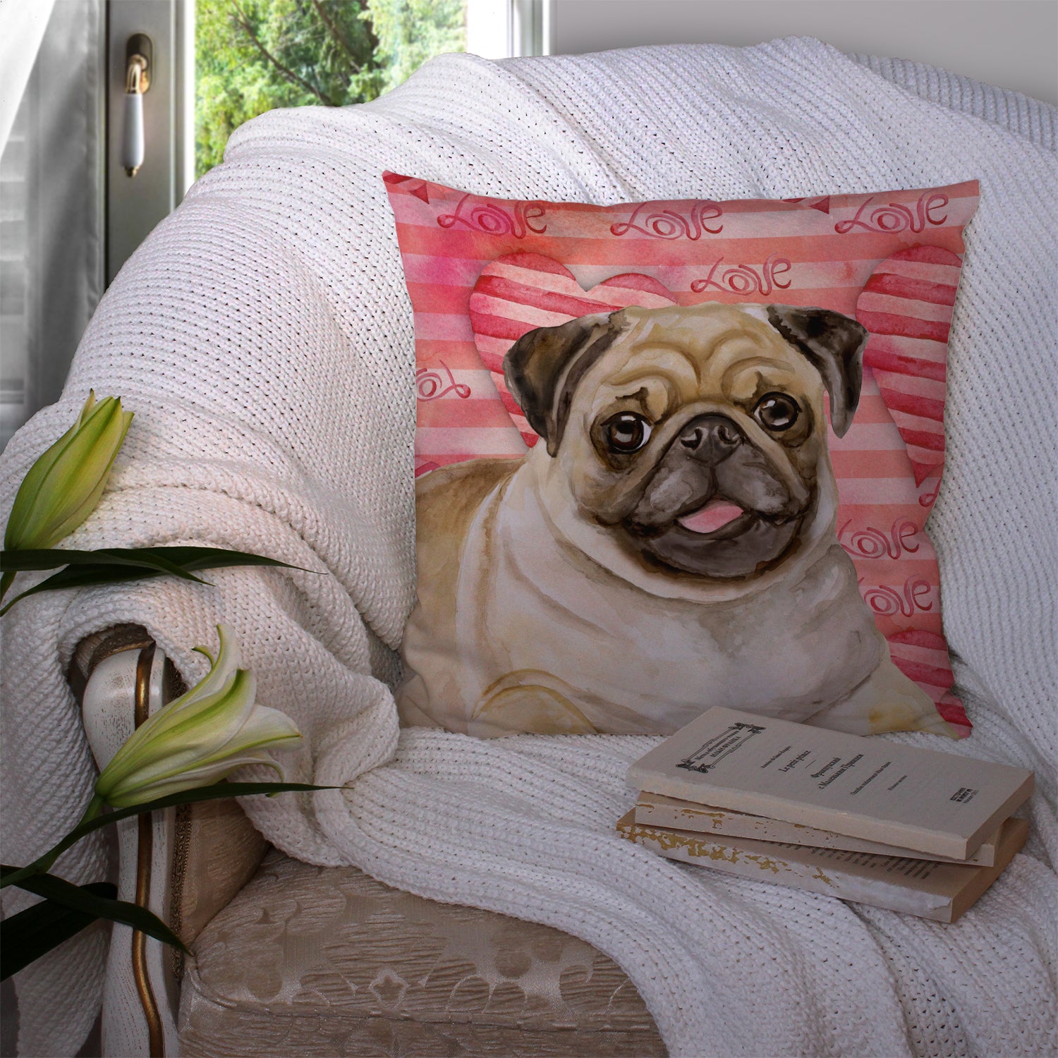 Fawn Pug Love Fabric Decorative Pillow BB9805PW1414 - the-store.com