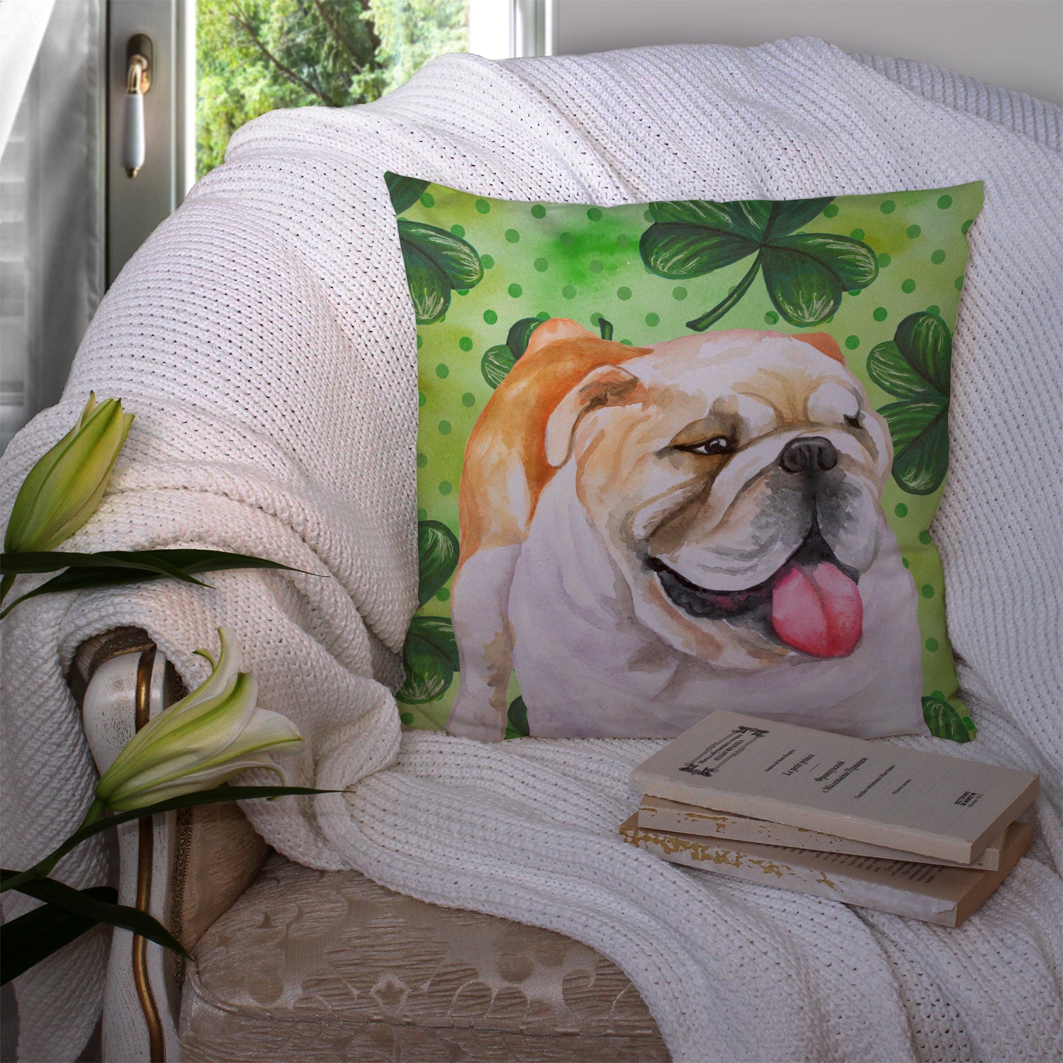 English Bulldog St Patrick's Fabric Decorative Pillow BB9813PW1414 - the-store.com