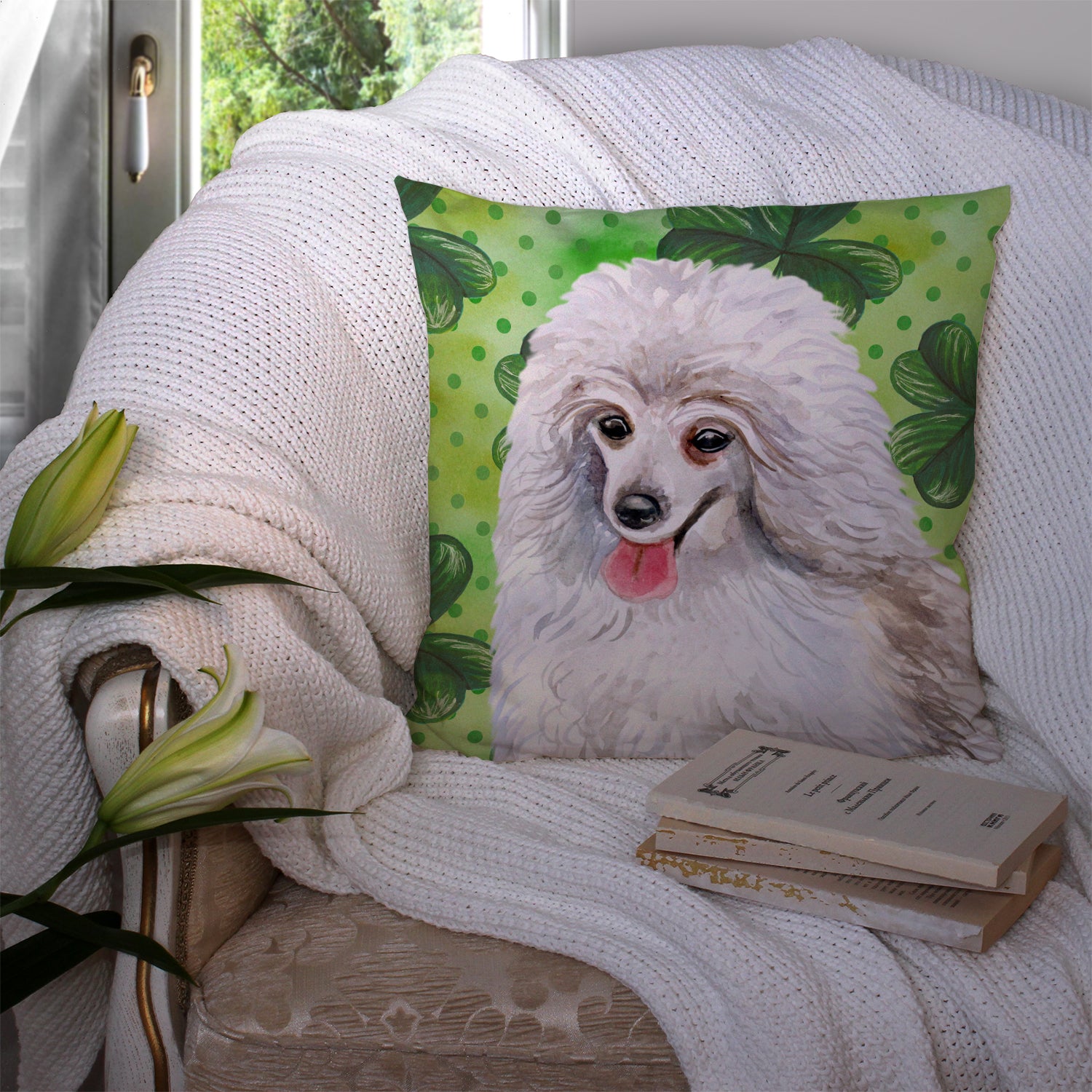 Medium White Poodle St Patrick's Fabric Decorative Pillow BB9857PW1414 - the-store.com