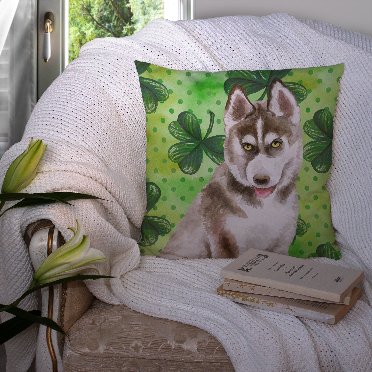 Siberian Husky Grey St Patrick's Fabric Decorative Pillow BB9870PW1414 - the-store.com