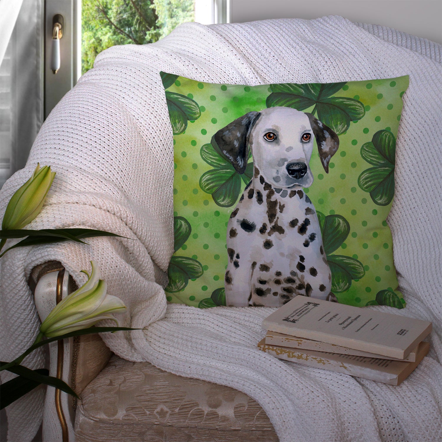 Dalmatian Puppy St Patrick's Fabric Decorative Pillow BB9882PW1414 - the-store.com