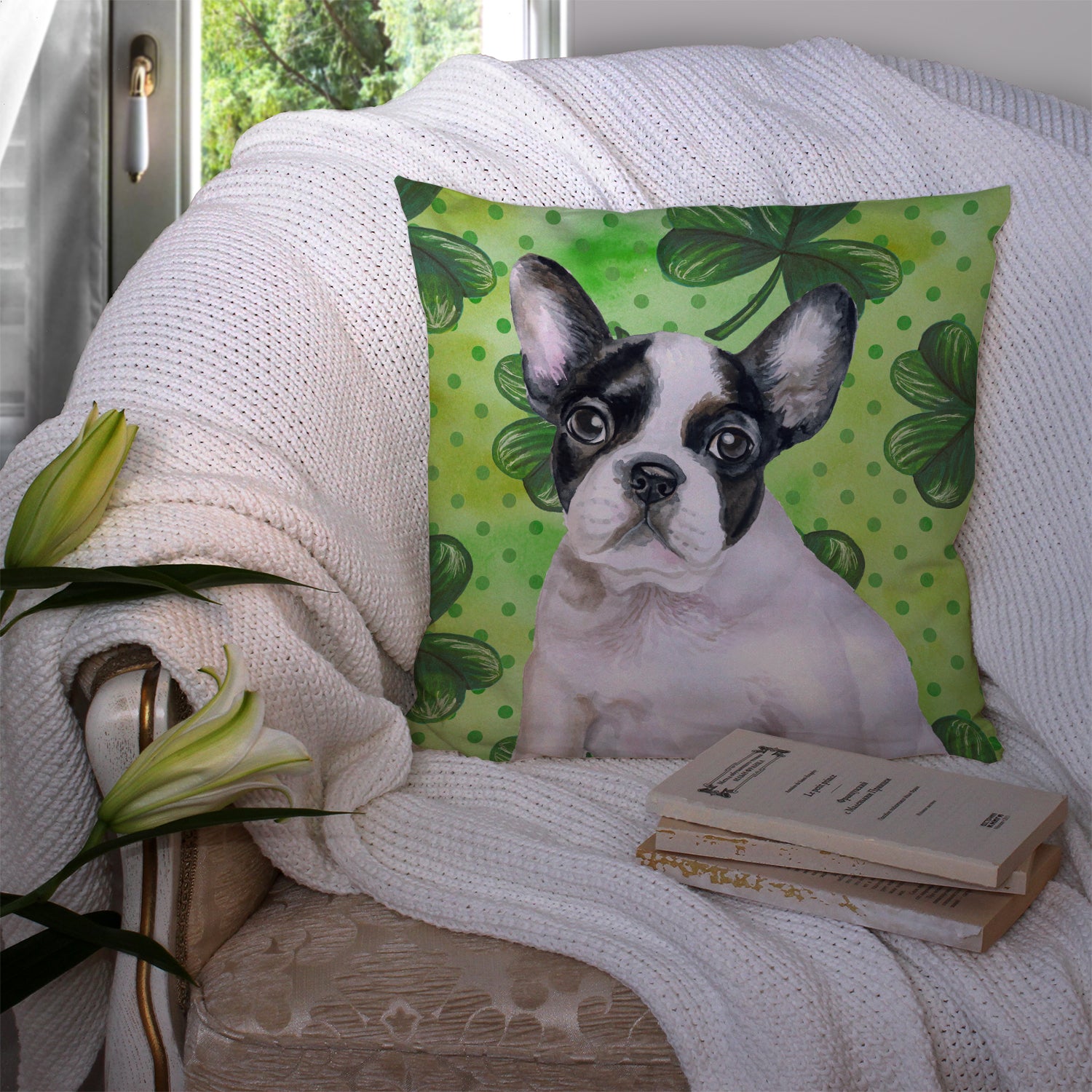 French Bulldog Black White St Patrick's Fabric Decorative Pillow BB9884PW1414 - the-store.com