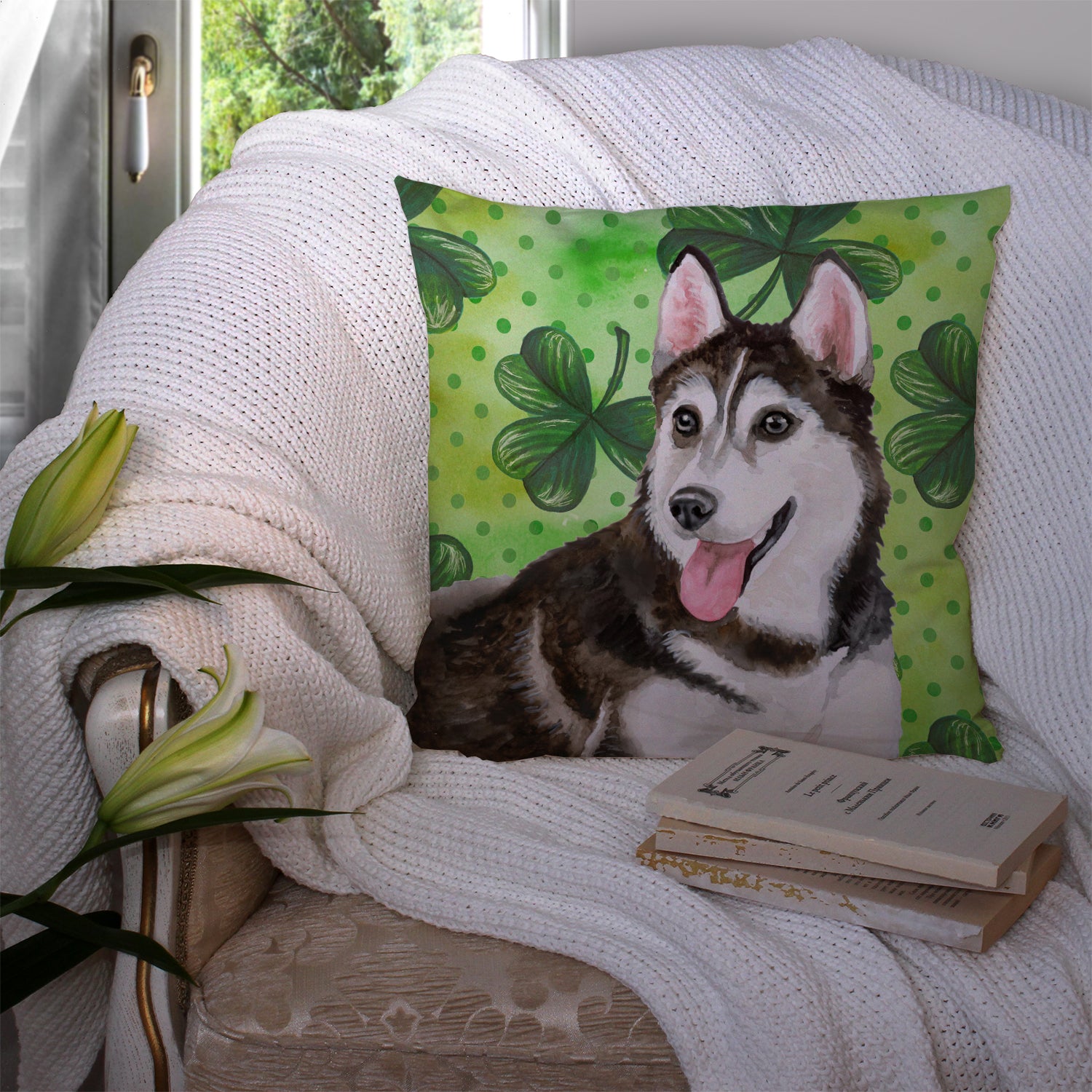 Siberian Husky #2 St Patrick's Fabric Decorative Pillow BB9886PW1414 - the-store.com