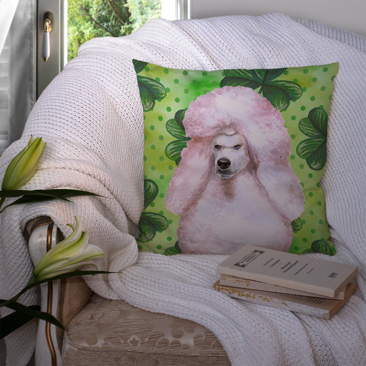 White Standard Poodle St Patrick's Fabric Decorative Pillow BB9891PW1414 - the-store.com