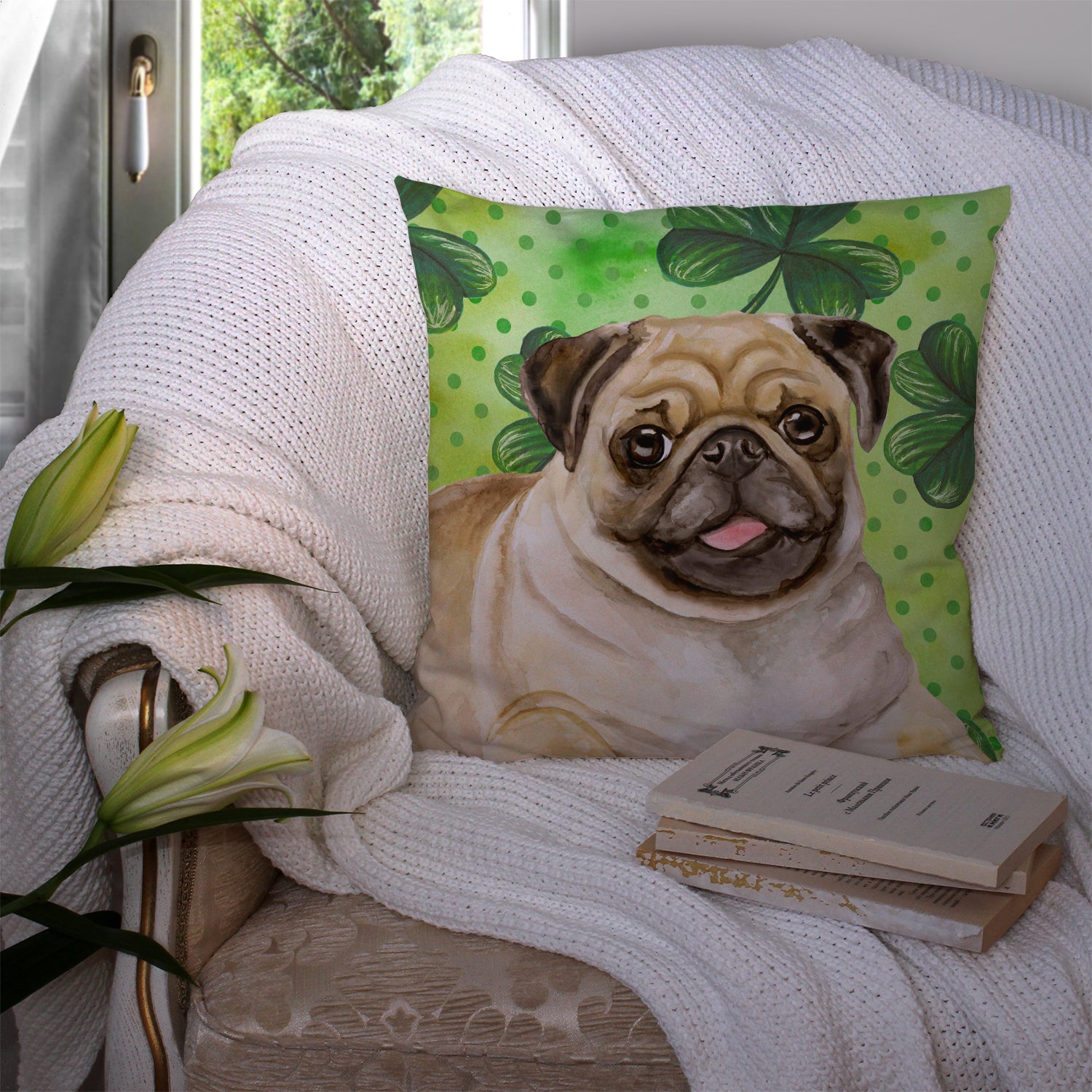 Fawn Pug St Patrick's Fabric Decorative Pillow BB9892PW1414 - the-store.com
