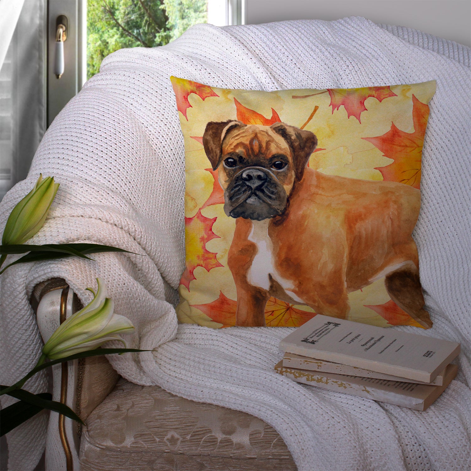 German Boxer Fall Fabric Decorative Pillow BB9901PW1414 - the-store.com