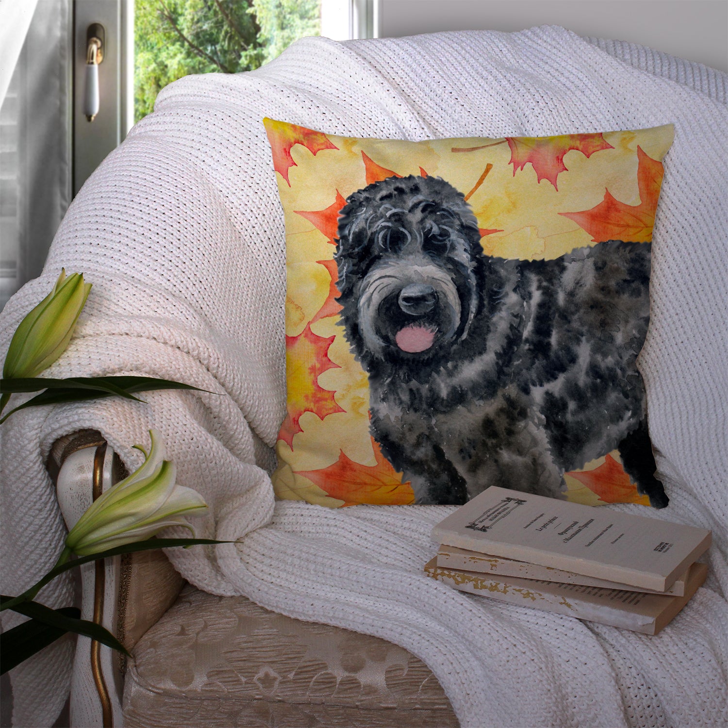 Black Russian Terrier Fall Fabric Decorative Pillow BB9938PW1414 - the-store.com