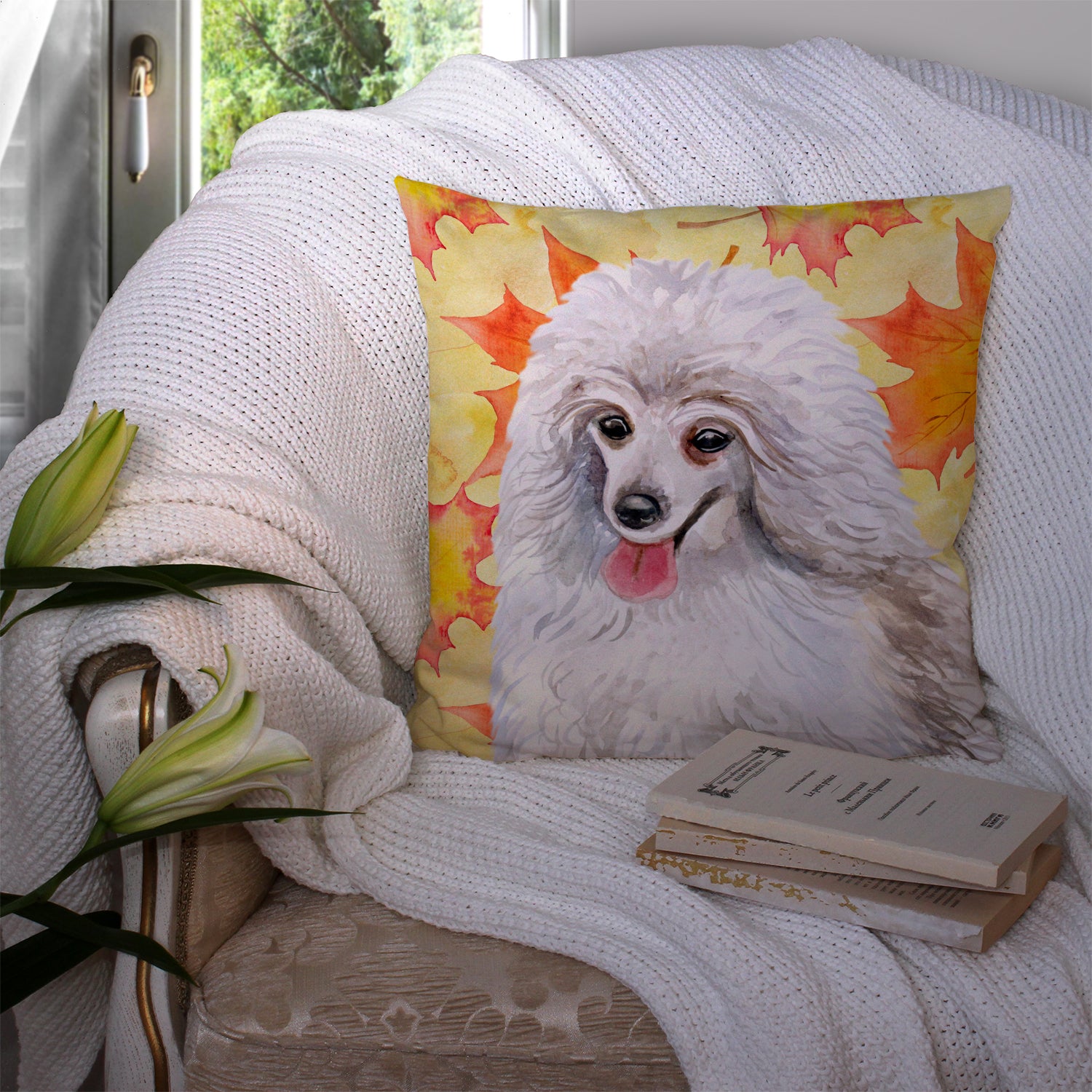 Medium White Poodle Fall Fabric Decorative Pillow BB9944PW1414 - the-store.com