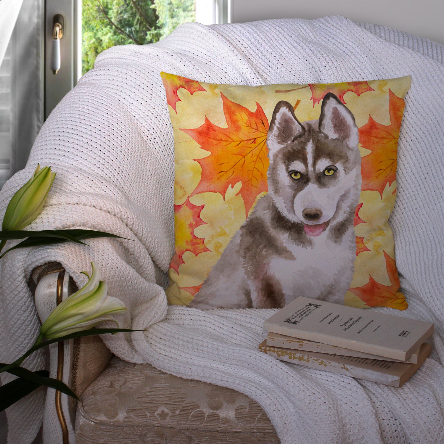 Siberian Husky Grey Fall Fabric Decorative Pillow BB9957PW1414 - the-store.com