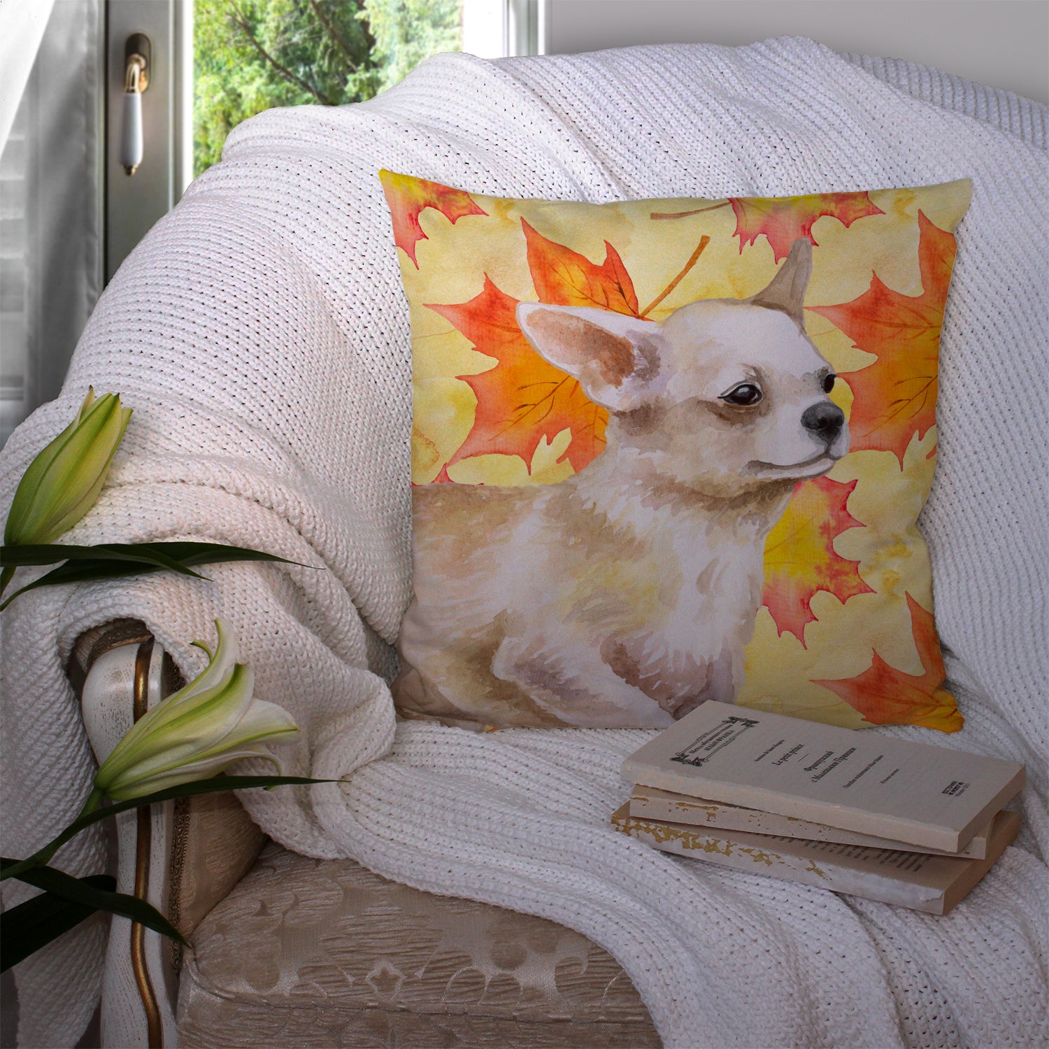 Chihuahua Leg up Fall Fabric Decorative Pillow BB9958PW1414 - the-store.com