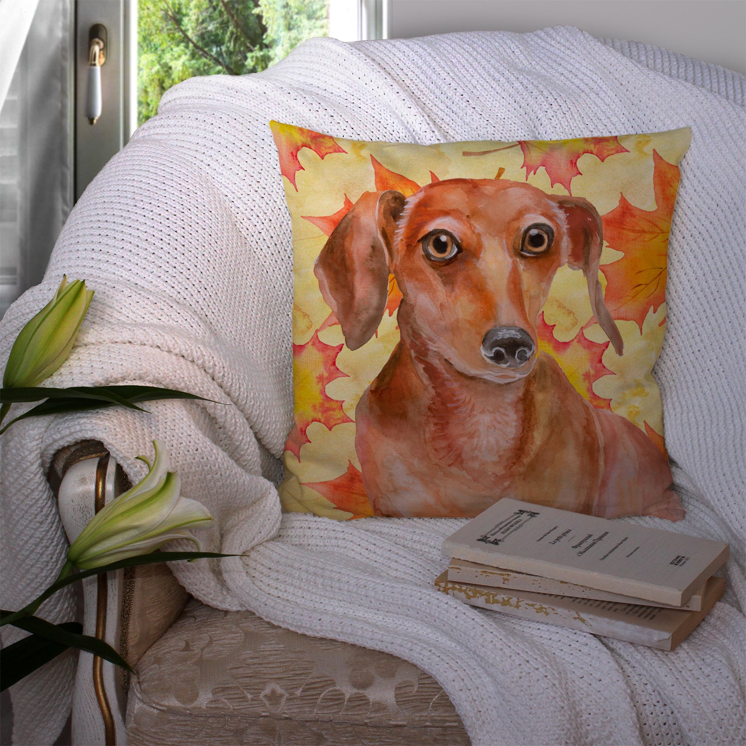 Red Dachshund Fall Fabric Decorative Pillow BB9968PW1414 - the-store.com
