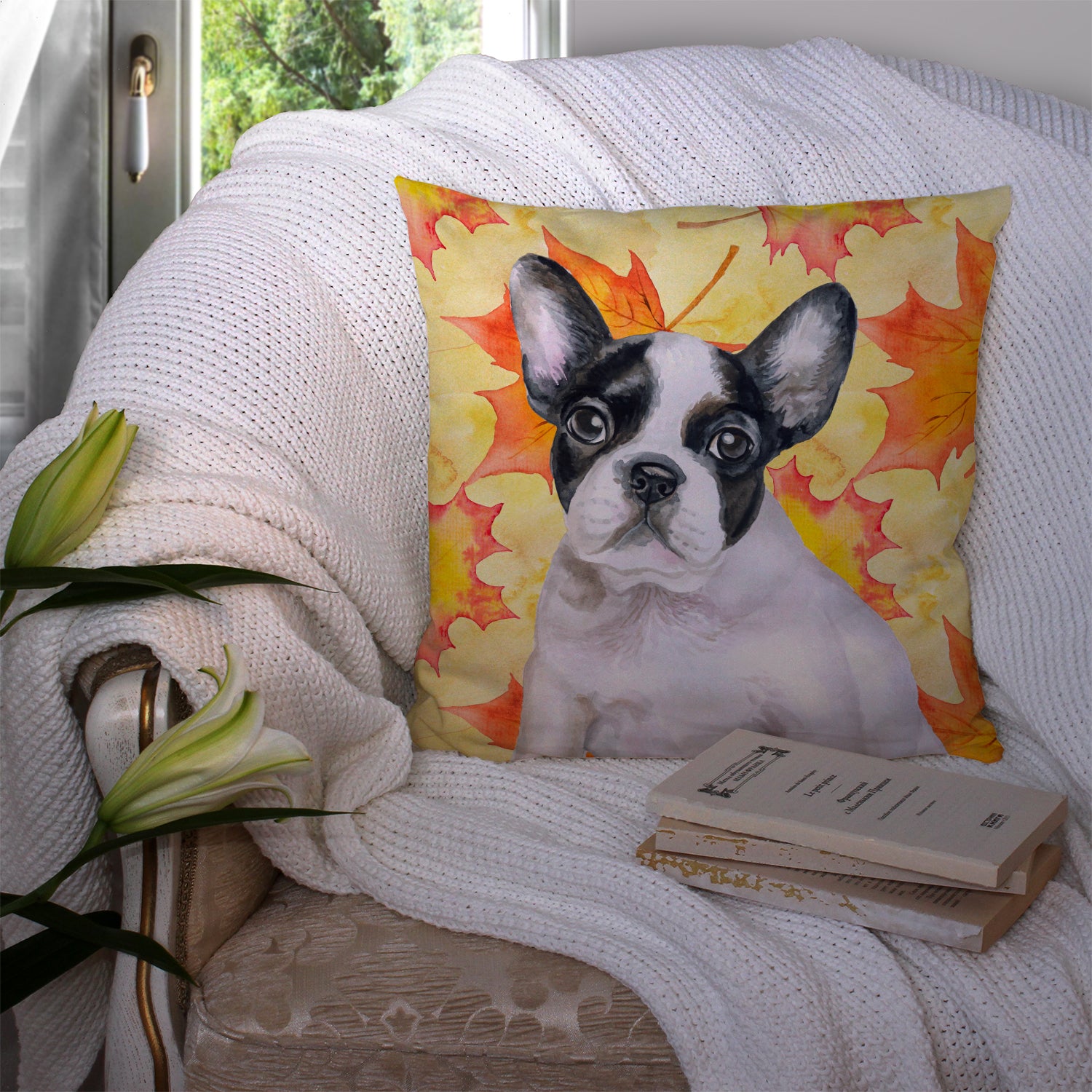 French Bulldog Black White Fall Fabric Decorative Pillow BB9971PW1414 - the-store.com