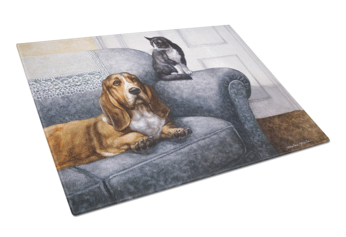 Basset Hound and Cat on couch Glass Cutting Board Large BDBA0182LCB by Caroline&#39;s Treasures