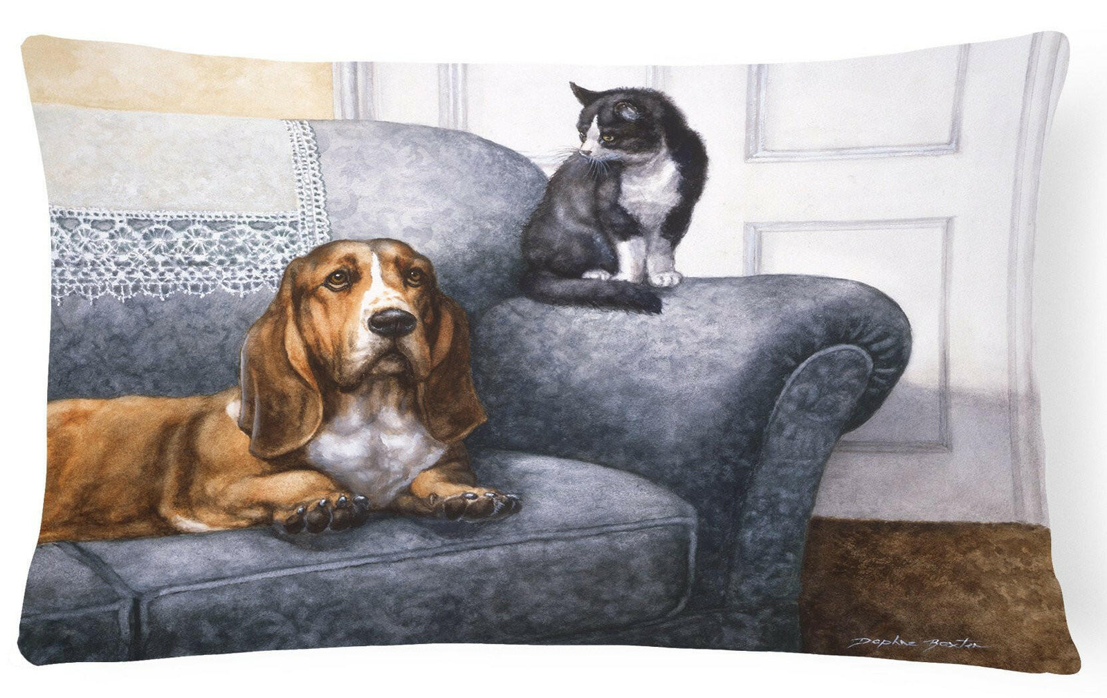 Basset Hound and Cat on couch Fabric Decorative Pillow BDBA0182PW1216 by Caroline's Treasures