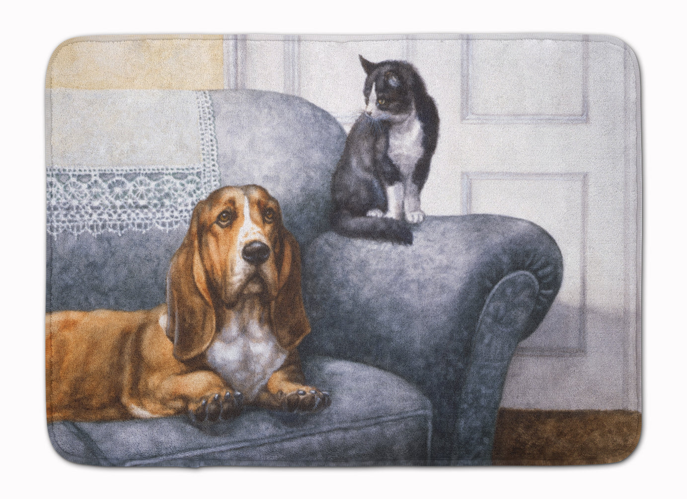 Basset Hound and Cat on couch Machine Washable Memory Foam Mat BDBA0182RUG - the-store.com