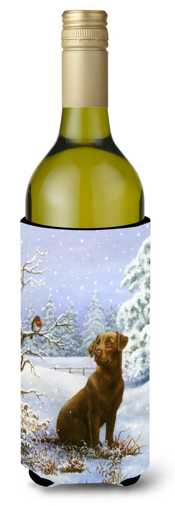 Chocolate Labrador Snowy Robin Wine Bottle Beverage Insulator Hugger BDBA434ALITERK by Caroline&#39;s Treasures