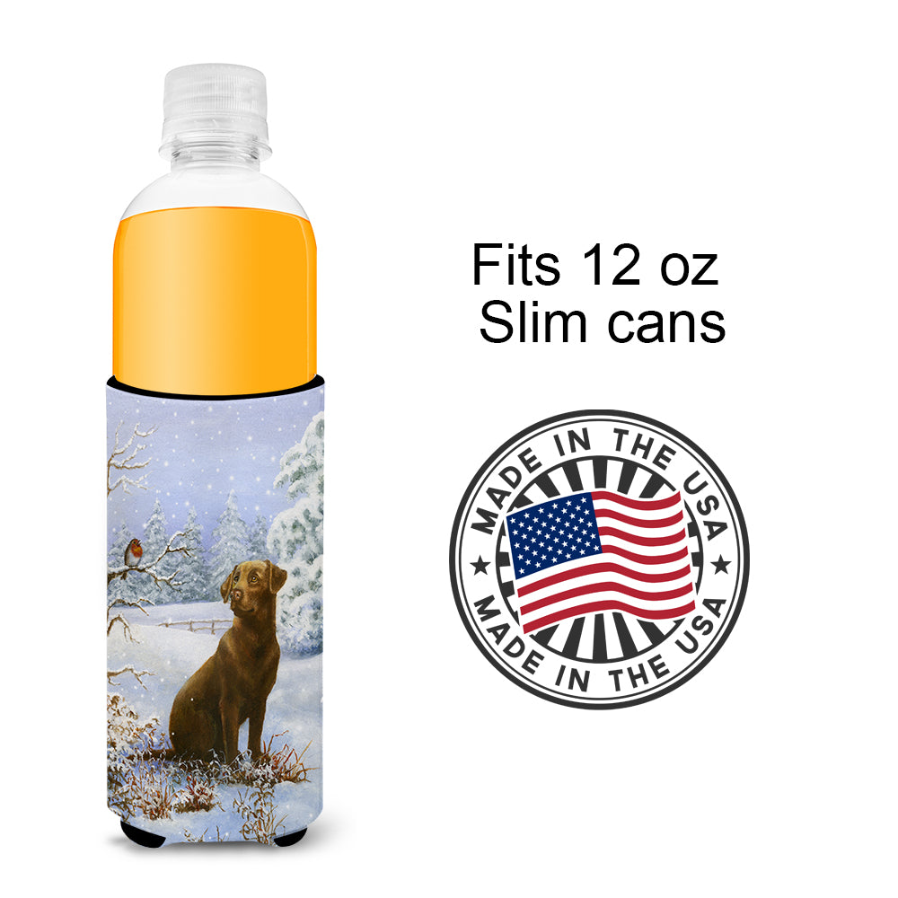 Chocolate Labrador Snowy Robin Ultra Beverage Insulators for slim cans BDBA434AMUK