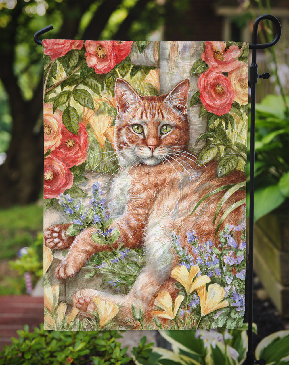 Tabby In The Roses by Debbie Cook Flag Garden Size CDCO0027GF