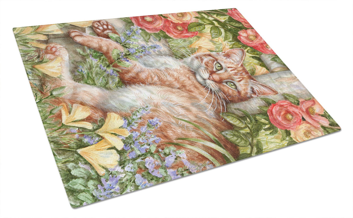 Tabby In The Roses by Debbie Cook Glass Cutting Board Large CDCO0027LCB by Caroline&#39;s Treasures
