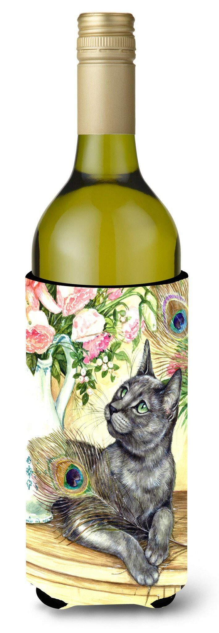 Cat and Peacock Feathers Wine Bottle Beverage Insulator Hugger CDCO0035LITERK by Caroline&#39;s Treasures