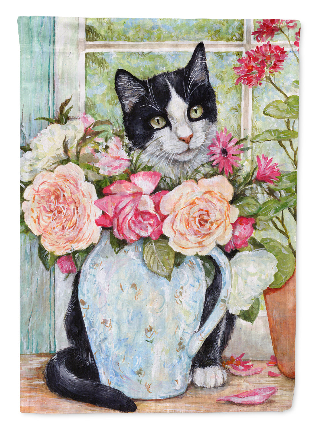 Black and White Rose Cat Flag Canvas House Size CDCO0176CHF  the-store.com.
