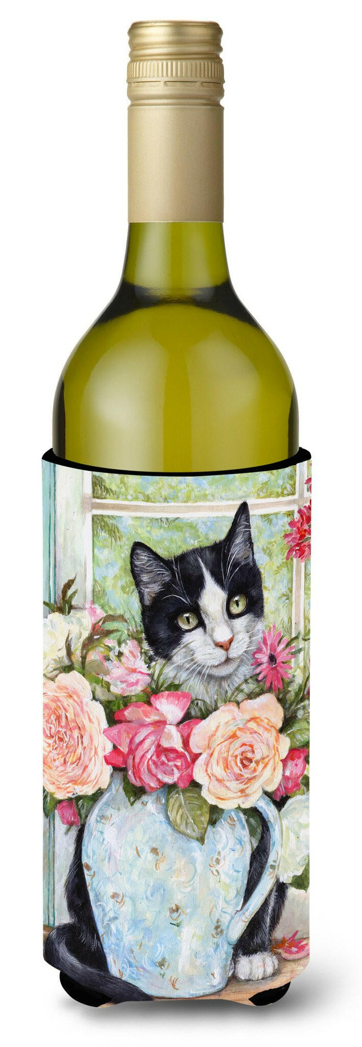 Black and White Rose Cat Wine Bottle Beverage Insulator Hugger CDCO0176LITERK by Caroline&#39;s Treasures