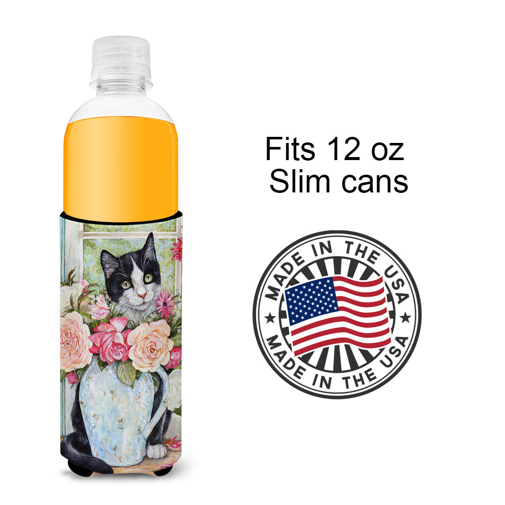 Black and White Rose Cat Ultra Beverage Insulators for slim cans CDCO0176MUK  the-store.com.