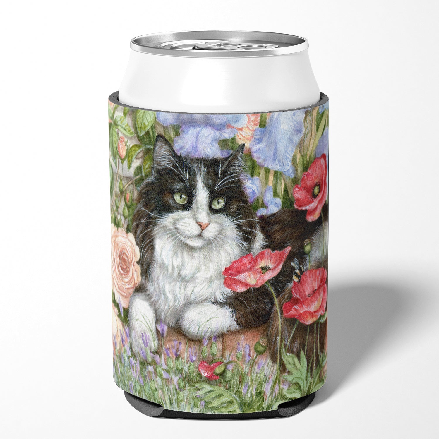 Black and White Cat in Poppies Can or Bottle Hugger CDCO0231CC