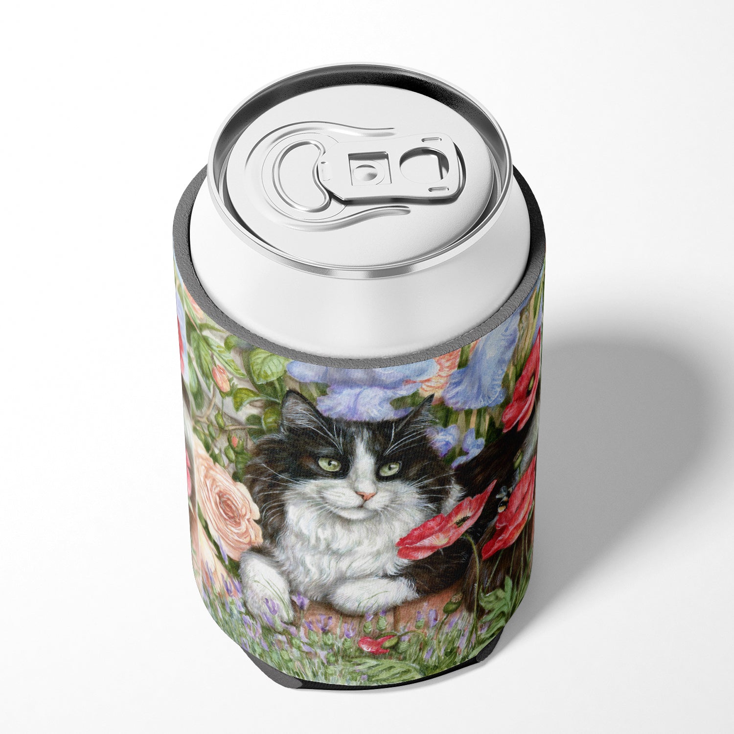 Black and White Cat in Poppies Can or Bottle Hugger CDCO0231CC.