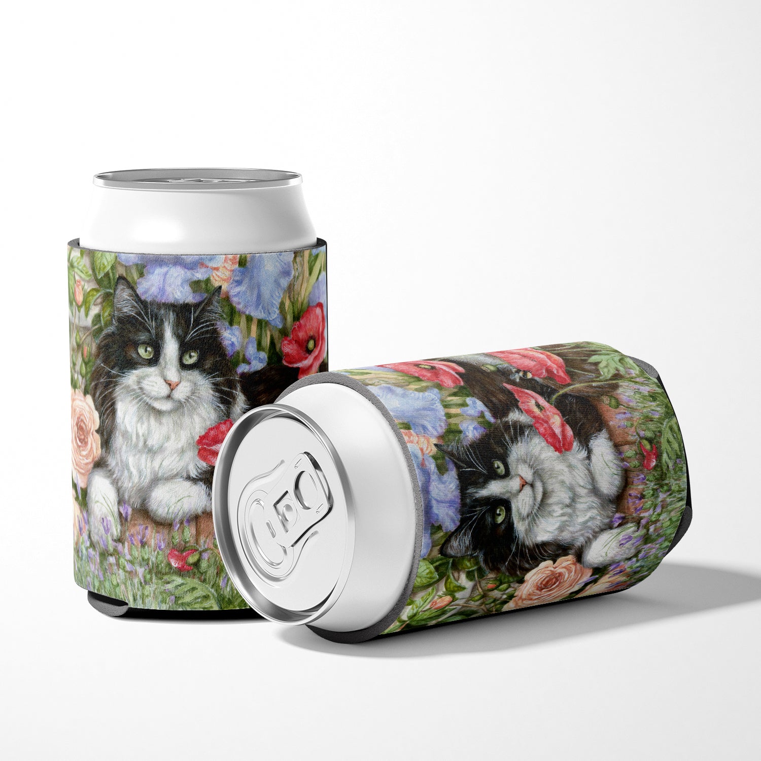 Black and White Cat in Poppies Can or Bottle Hugger CDCO0231CC.