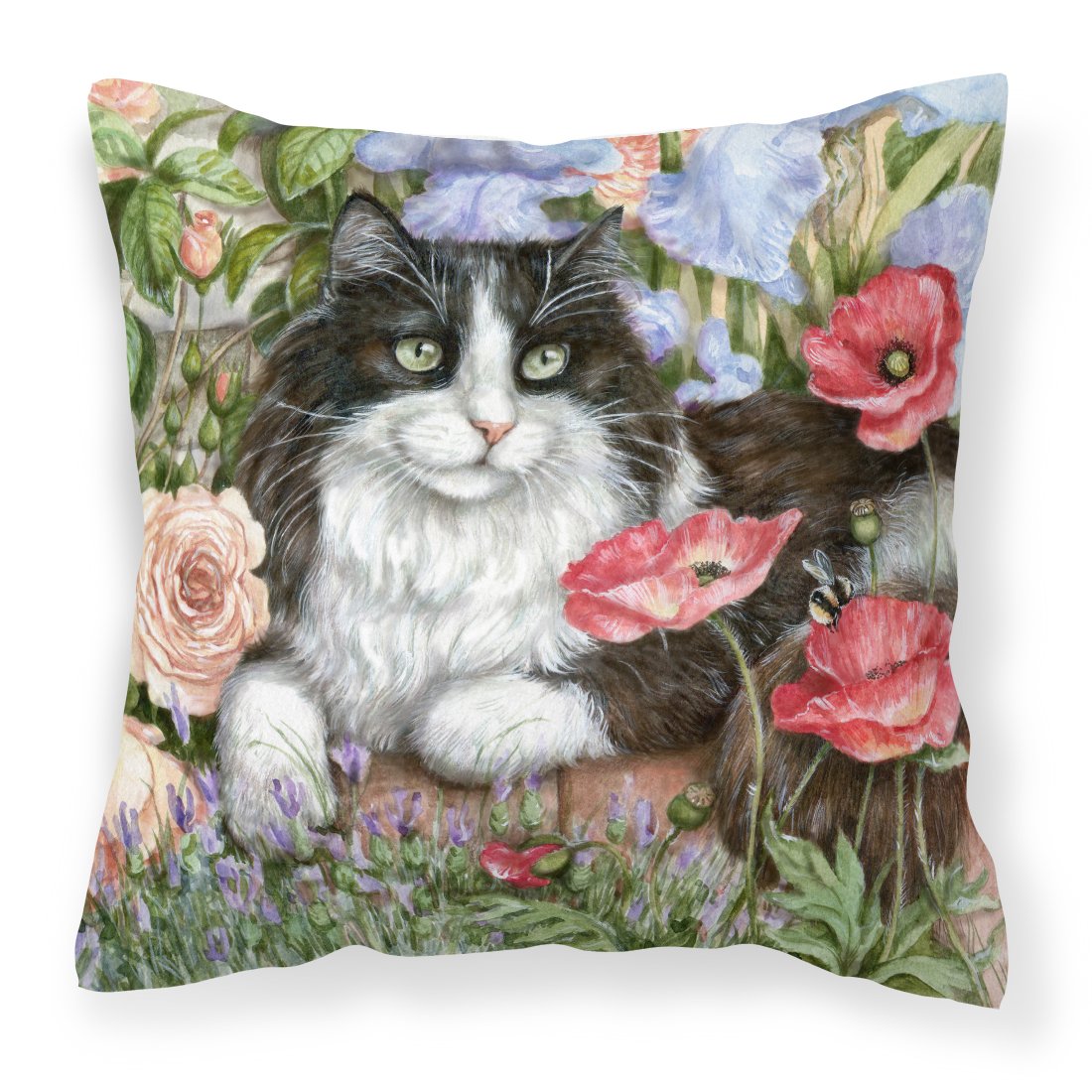 Black and White Cat in Poppies Canvas Decorative Pillow by Caroline&#39;s Treasures
