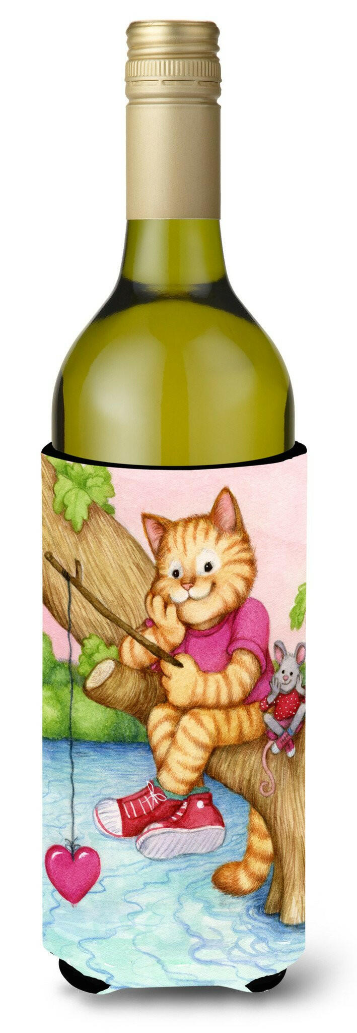 Valentine Cat Fishing For Love Wine Bottle Beverage Insulator Hugger CDCO0320LITERK by Caroline&#39;s Treasures