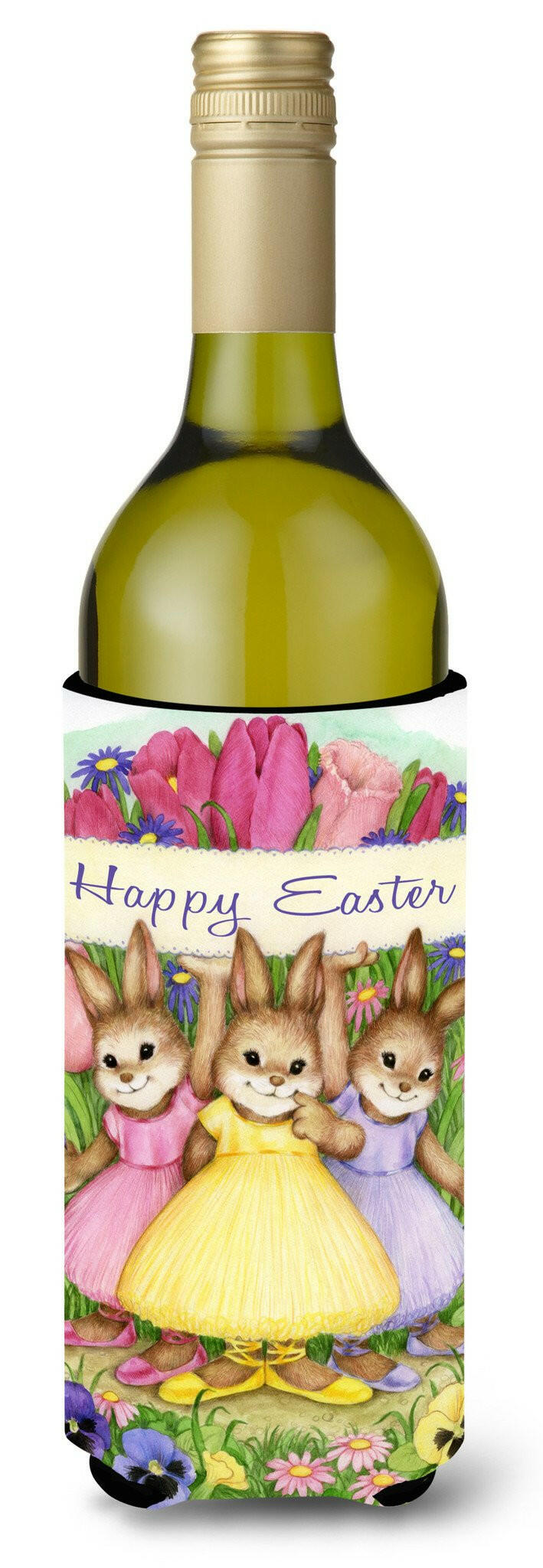 Three Bunnies Happy Easter Wine Bottle Beverage Insulator Hugger CDCO0331LITERK by Caroline&#39;s Treasures