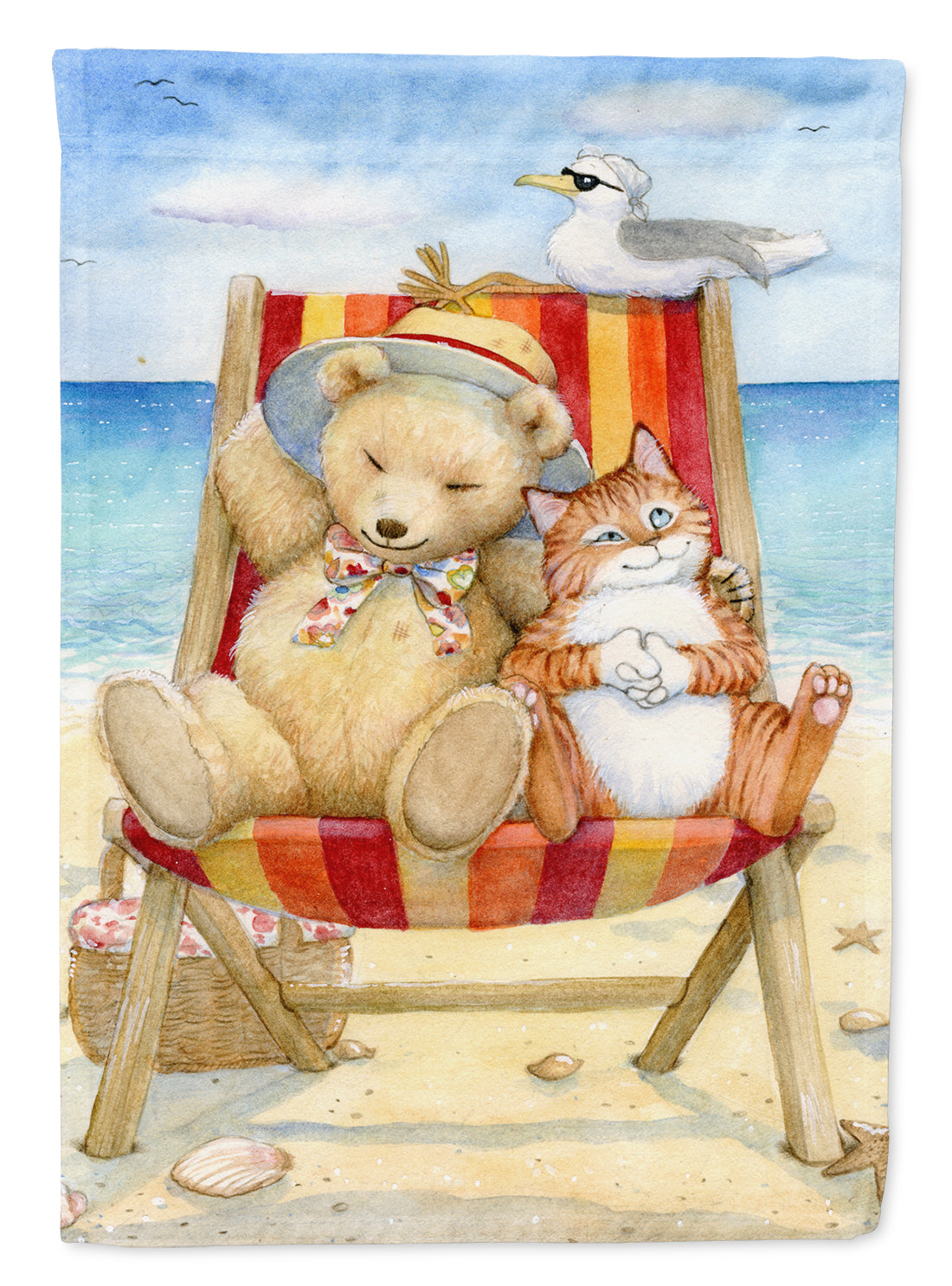 Summer Teddy Bear and Cat on Beach Flag Canvas House Size CDCO0336CHF
